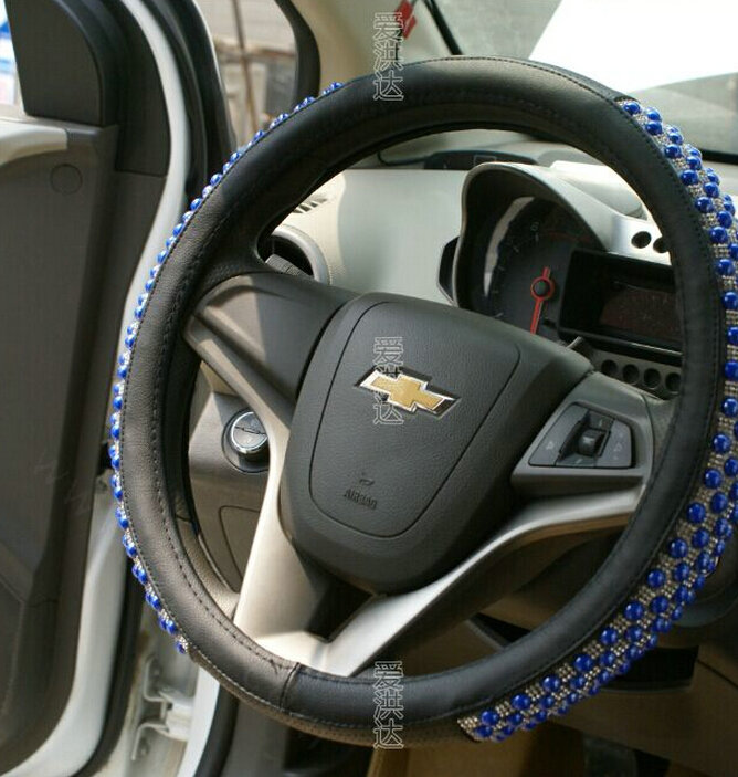Unique Beaded Car Steering Wheel Cover PU Leather 15 Inch 38CM - Blue