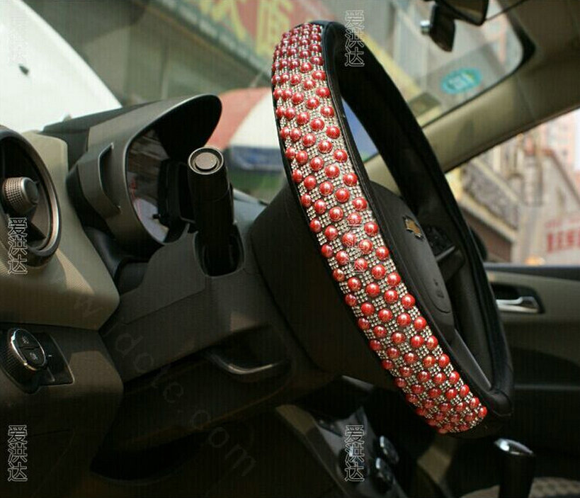 Unique Beaded Car Steering Wheel Cover PU Leather 15 Inch 38CM - Red