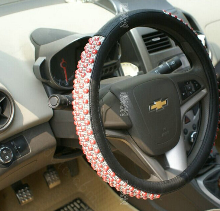 Unique Beaded Car Steering Wheel Cover PU Leather 15 Inch 38CM - Red