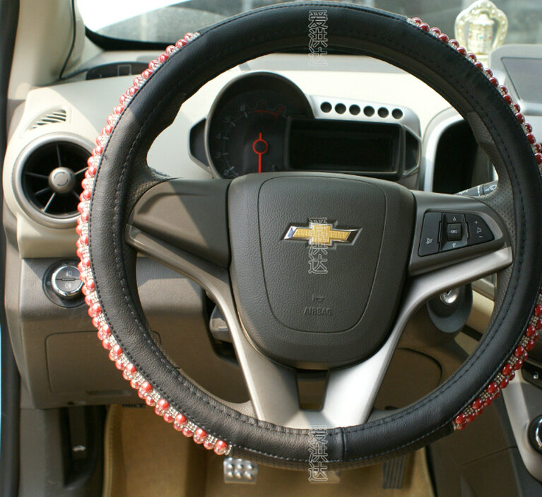 Unique Beaded Car Steering Wheel Cover PU Leather 15 Inch 38CM - Red