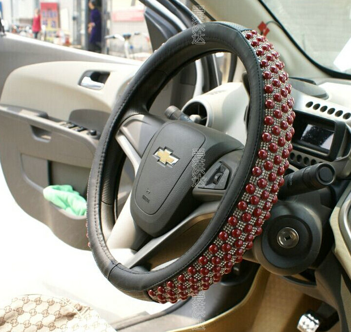 Unique Beaded Car Steering Wheel Cover PU Leather 15 Inch 38CM - Red
