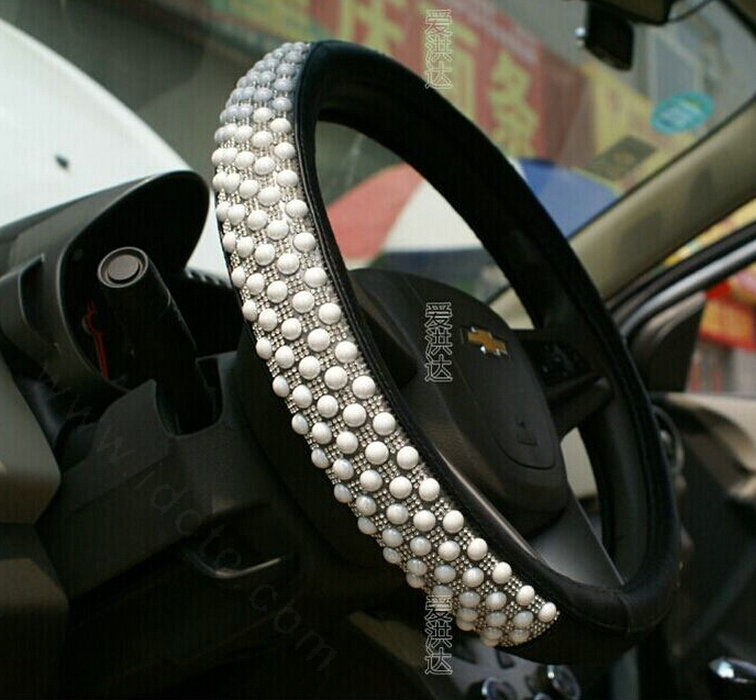 Unique Beaded Car Steering Wheel Cover PU Leather 15 Inch 38CM - White