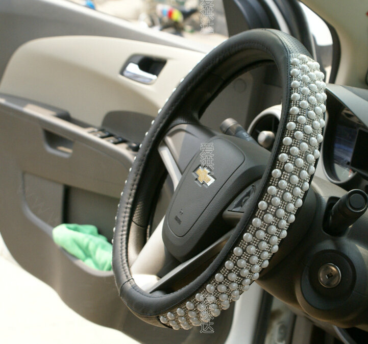 Unique Beaded Car Steering Wheel Cover PU Leather 15 Inch 38CM - White