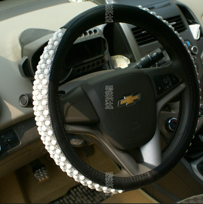 Unique Beaded Car Steering Wheel Cover PU Leather 15 Inch 38CM - White