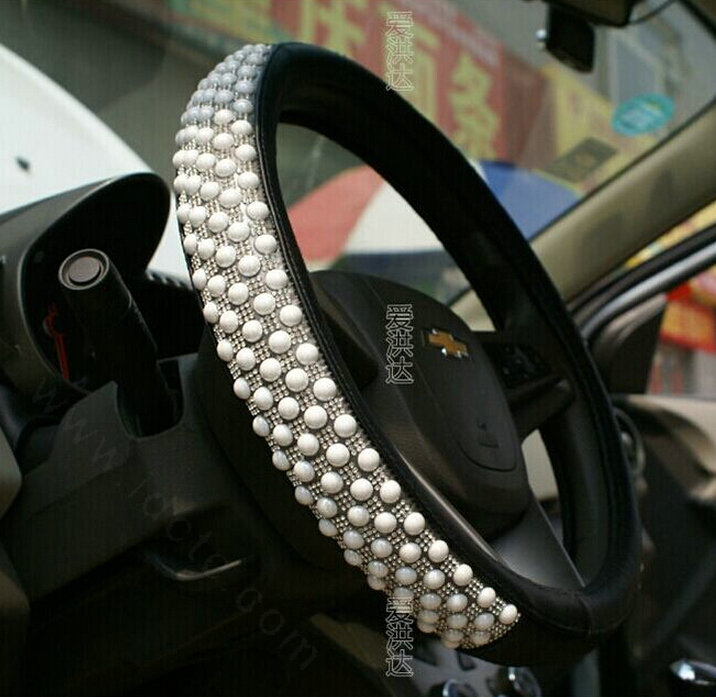 Unique Beaded Car Steering Wheel Cover PU Leather 15 Inch 38CM - White