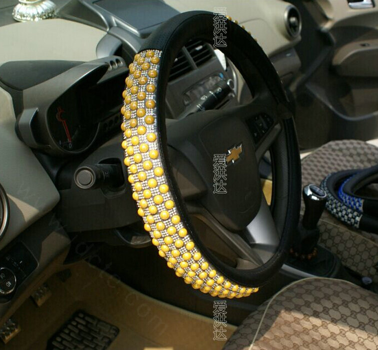 Unique Beaded Car Steering Wheel Cover PU Leather 15 Inch 38CM - Yellow