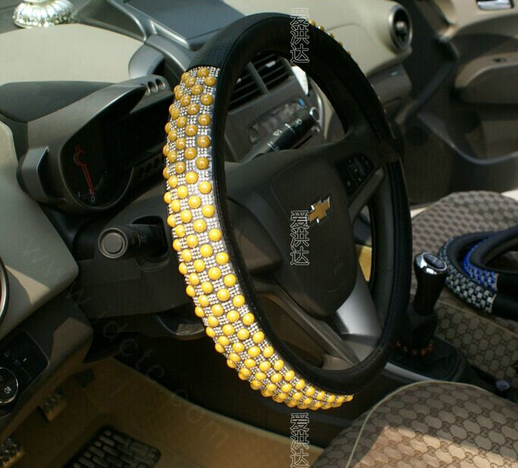 Unique Beaded Car Steering Wheel Cover PU Leather 15 Inch 38CM - Yellow