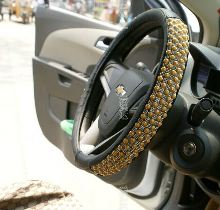 Unique Beaded Car Steering Wheel Cover PU Leather 15 Inch 38CM - Yellow