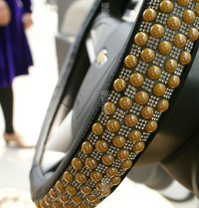 Unique Beaded Car Steering Wheel Cover PU Leather 15 Inch 38CM - Yellow