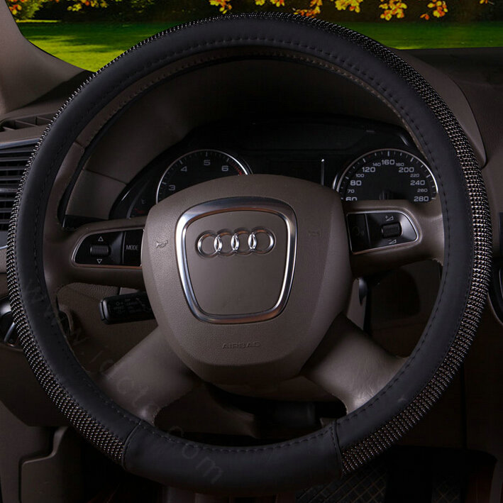 Unique Beaded Car Steering Wheel Covers PU Leather 15 Inch 38CM - Black