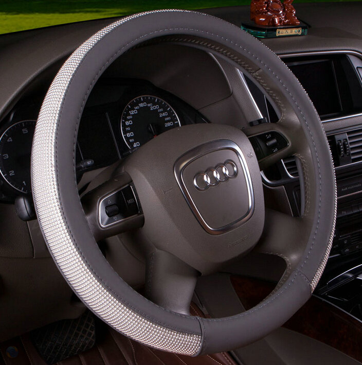 Unique Beaded Car Steering Wheel Covers PU Leather 15 Inch 38CM - Grey