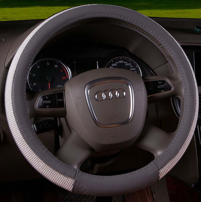 Unique Beaded Car Steering Wheel Covers PU Leather 15 Inch 38CM - Grey