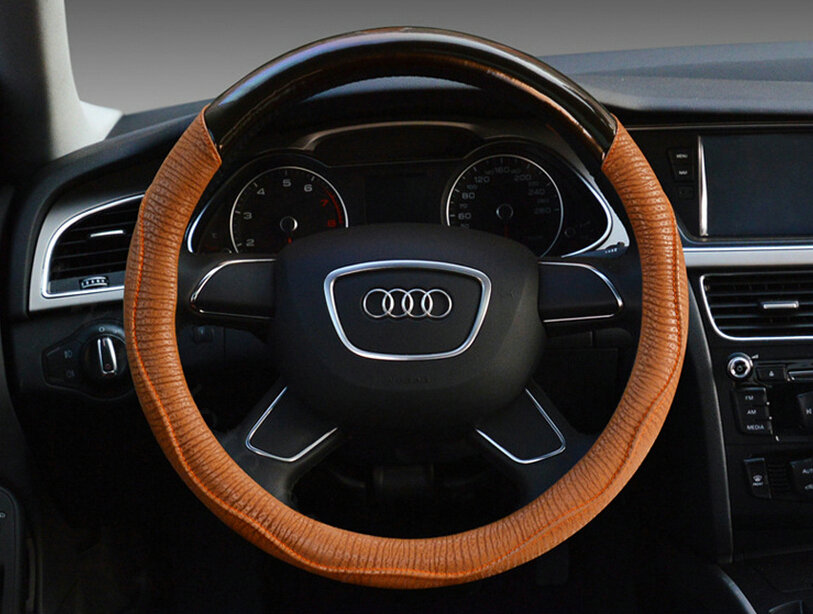 Unique Car Steering Wheel Covers Sheepskin Genuine Leather 15 Inch 38CM - Black Brown