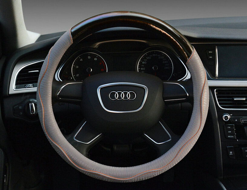 Unique Car Steering Wheel Covers Sheepskin Genuine Leather 15 Inch 38CM - Black Grey