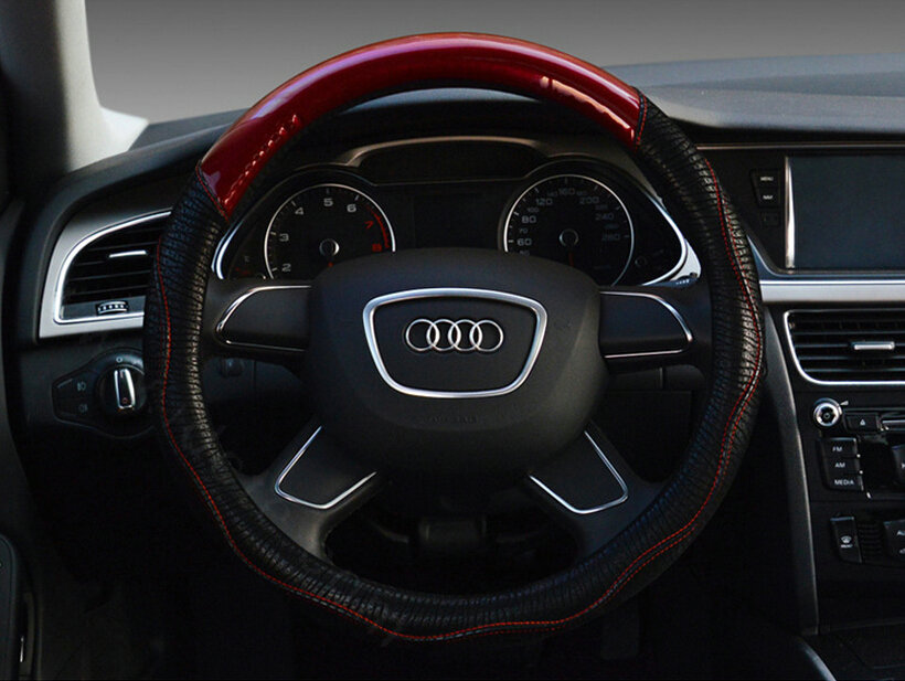 Unique Car Steering Wheel Covers Sheepskin Genuine Leather 15 Inch 38CM - Black Red