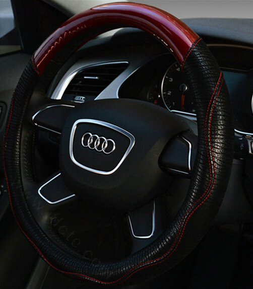 Unique Car Steering Wheel Covers Sheepskin Genuine Leather 15 Inch 38CM - Black Red