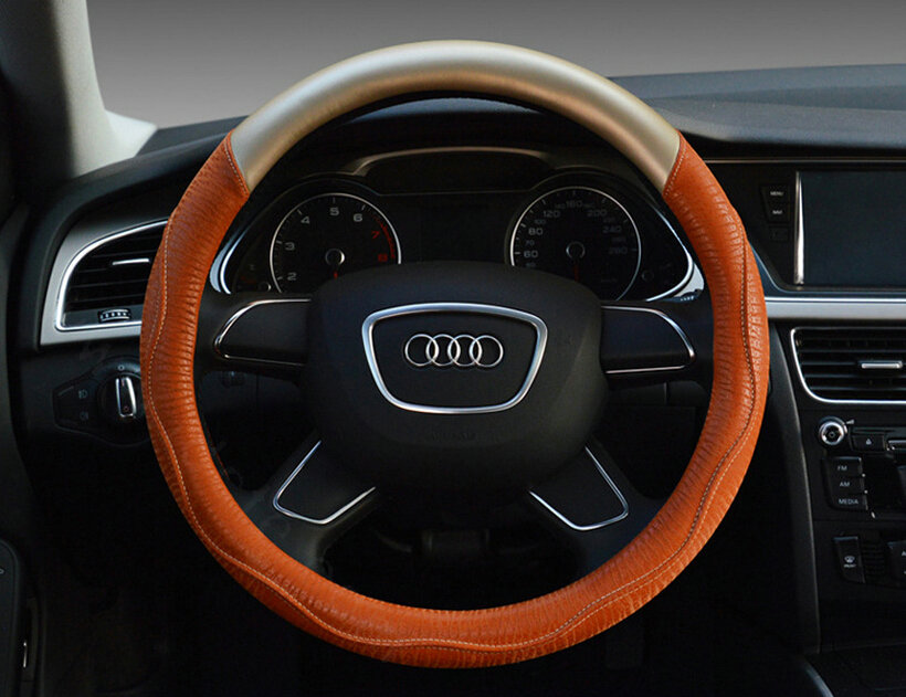 Unique Car Steering Wheel Covers Sheepskin Genuine Leather 15 Inch 38CM - Orange