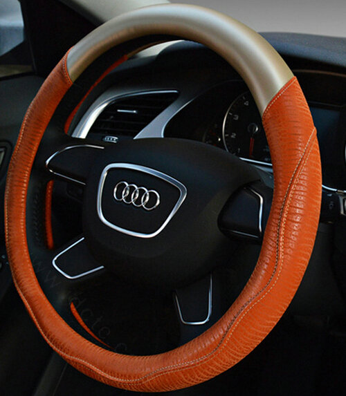 Unique Car Steering Wheel Covers Sheepskin Genuine Leather 15 Inch 38CM - Orange