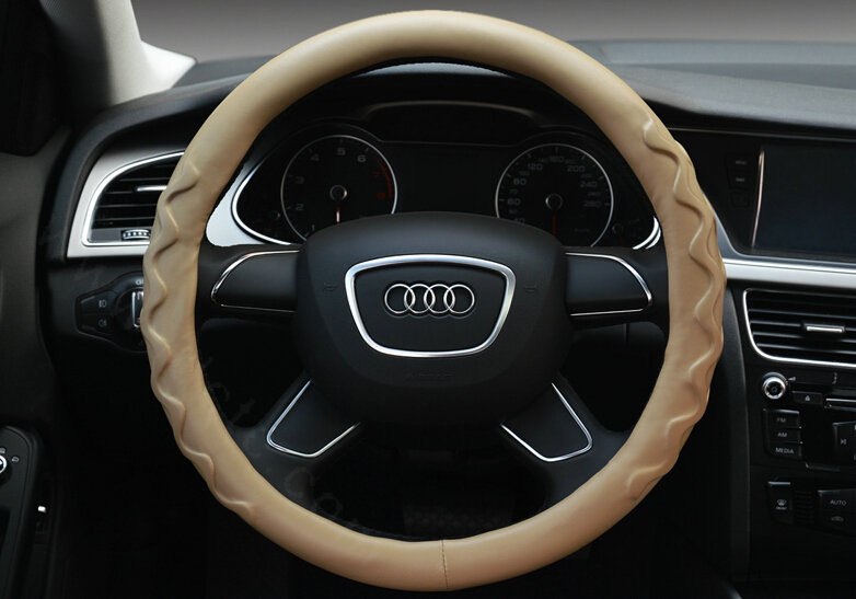 Unique Car Steering Wheel Covers Sheepskin Leather 15 Inch 38CM - Beige