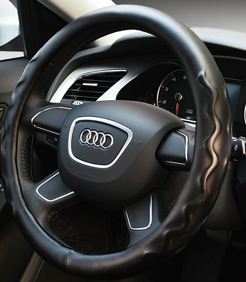 Unique Car Steering Wheel Covers Sheepskin Leather 15 Inch 38CM - Black