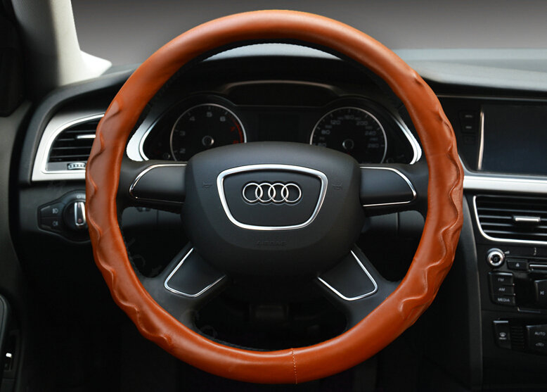 Unique Car Steering Wheel Covers Sheepskin Leather 15 Inch 38CM - Brown