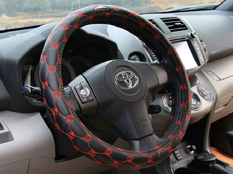 Unique Figure Car Steering Wheel Covers Sheepskin Leather 15 Inch 38CM - Black Red