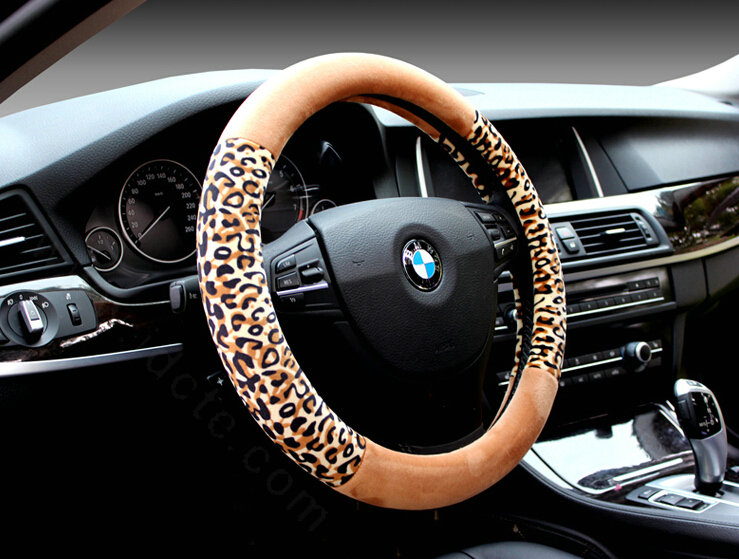 Unique Leopard Print Car Steering Wheel Covers Velvet 15 Inch 38CM - Beige Yellow