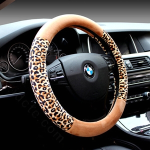 Unique Leopard Print Car Steering Wheel Covers Velvet 15 Inch 38CM - Beige Yellow