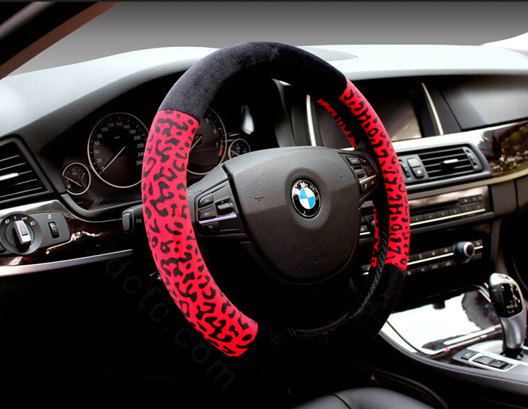 Unique Leopard Print Car Steering Wheel Covers Velvet 15 Inch 38CM - Black Red