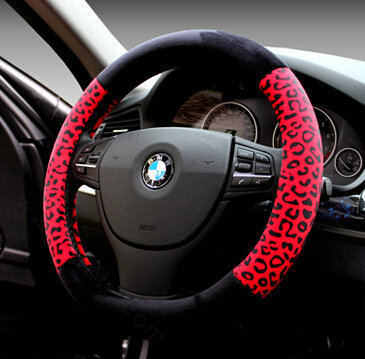 Unique Leopard Print Car Steering Wheel Covers Velvet 15 Inch 38CM - Black Red