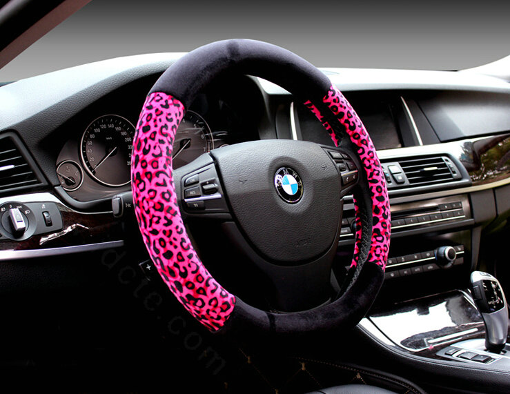 Unique Leopard Print Car Steering Wheel Covers Velvet 15 Inch 38CM - Black Rose