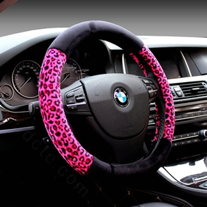 Unique Leopard Print Car Steering Wheel Covers Velvet 15 Inch 38CM - Black Rose