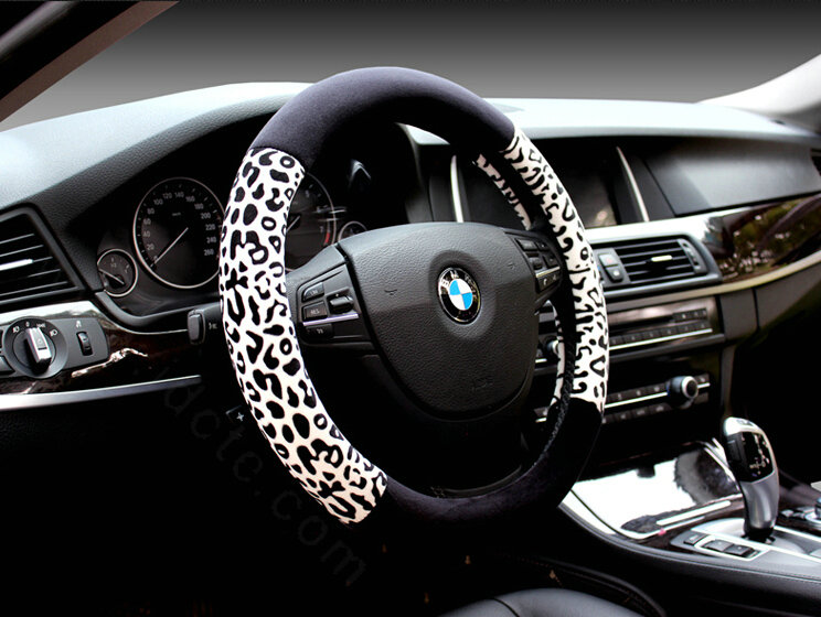 Unique Leopard Print Car Steering Wheel Covers Velvet 15 Inch 38CM - Black White