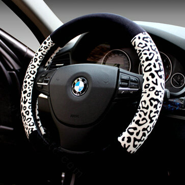 Unique Leopard Print Car Steering Wheel Covers Velvet 15 Inch 38CM - Black White
