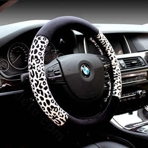 Unique Leopard Print Car Steering Wheel Covers Velvet 15 Inch 38CM - Black White