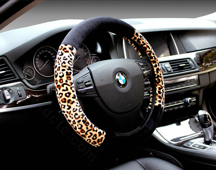 Unique Leopard Print Car Steering Wheel Covers Velvet 15 Inch 38CM - Black Yellow