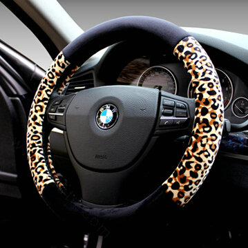 Unique Leopard Print Car Steering Wheel Covers Velvet 15 Inch 38CM - Black Yellow