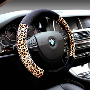 Unique Leopard Print Car Steering Wheel Covers Velvet 15 Inch 38CM - Black Yellow