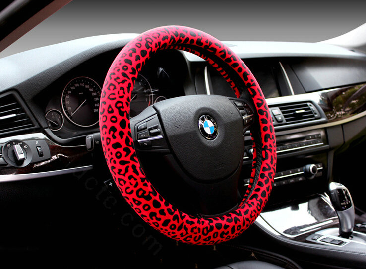 Unique Leopard Print Car Steering Wheel Covers Velvet 15 Inch 38CM - Red