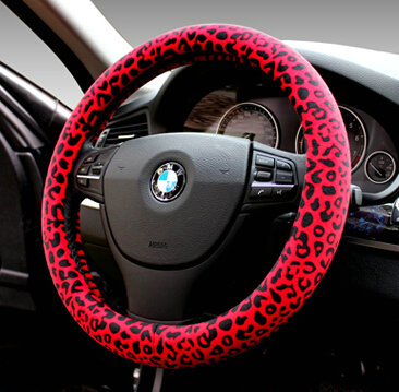 Unique Leopard Print Car Steering Wheel Covers Velvet 15 Inch 38CM - Red