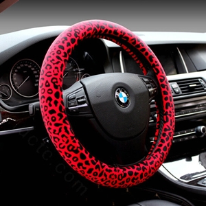 Unique Leopard Print Car Steering Wheel Covers Velvet 15 Inch 38CM - Red