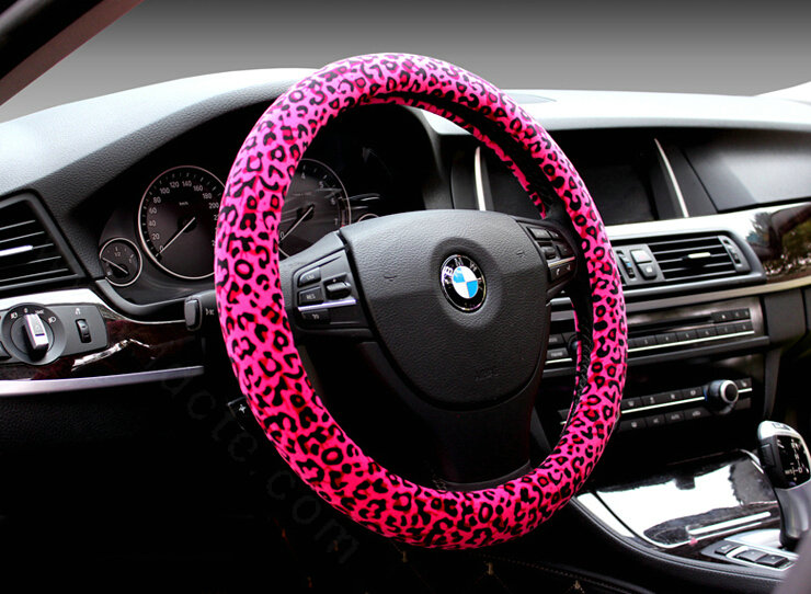 Unique Leopard Print Car Steering Wheel Covers Velvet 15 Inch 38CM - Rose