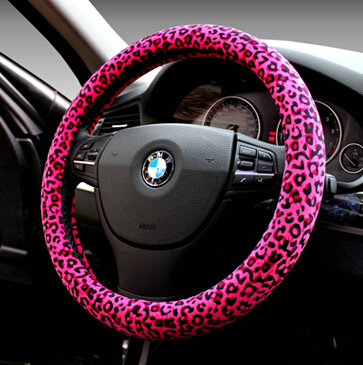 Unique Leopard Print Car Steering Wheel Covers Velvet 15 Inch 38CM - Rose