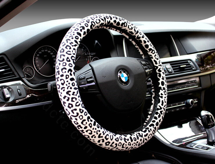 Unique Leopard Print Car Steering Wheel Covers Velvet 15 Inch 38CM - White