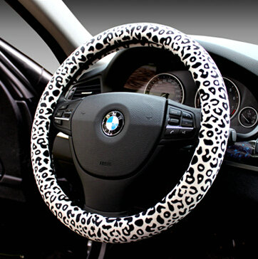 Unique Leopard Print Car Steering Wheel Covers Velvet 15 Inch 38CM - White