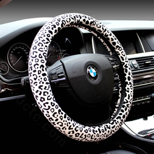 Unique Leopard Print Car Steering Wheel Covers Velvet 15 Inch 38CM - White