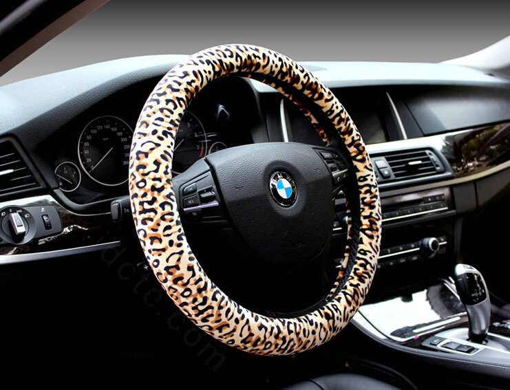 Unique Leopard Print Car Steering Wheel Covers Velvet 15 Inch 38CM - Yellow