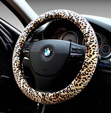 Unique Leopard Print Car Steering Wheel Covers Velvet 15 Inch 38CM - Yellow