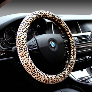 Unique Leopard Print Car Steering Wheel Covers Velvet 15 Inch 38CM - Yellow