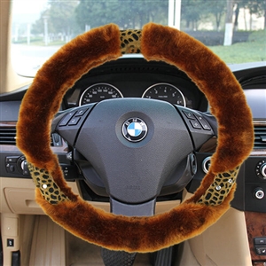 Unique Leopard Print Car Steering Wheel Wrap Velvet 15 Inch 38CM - Brown